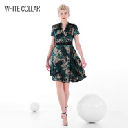 白領(lǐng)（WHITE COLLAR）女士 綠花V領(lǐng)半圍裹短袖連衣裙 OL-TS21-301 綠花;165/L