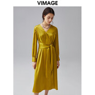 緯漫紀（VIMAGE）女裝秋季新款時(shí)尚氣質(zhì)V領(lǐng)顯瘦收腰垂感A字長(cháng)袖連衣裙VC2107236 牛油果綠45 S (1)