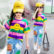 撒嬌娃童裝女童夏裝套裝2021新款夏季短袖牛仔褲兩件套女孩洋氣中童4-12歲網(wǎng)紅中大童夏天衣服 笑臉條紋紫色套裝 160(建議身高155左右)