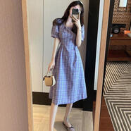 矜持范春夏2025新款法式復古裙氣質(zhì)方領(lǐng)中長(cháng)款裙子收腰短袖格子連衣裙女 藍色 2XL 【建議130斤-150斤】