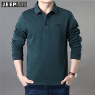 JEEP SPIRIT商務(wù)休閑翻領(lǐng)長袖t恤寬松大碼秋季純色棉質(zhì)開衩繡標男士體恤衫 墨綠 5XL200/116A建議210-230斤