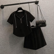 宛四胖妹妹夏季大碼女裝洋氣顯瘦套裝兩件套新款胖mm連帽上衣寬松收腰 黑色套裝 3XL建議【145-160斤】