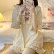 微光里 睡衣女夏短袖短褲套裝 宮廷風(fēng)公主風(fēng)仿棉甜美可愛(ài)兩件套家居服 米白色夏季睡衣女L