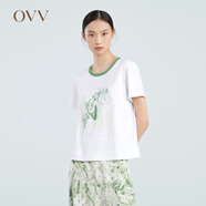OVV春夏熱賣女裝廓形修身柔軟輕薄羅紋撞色抽象印花短袖T恤 中綠花紋08 S