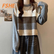 FSHE秋冬2025新款復(fù)古撞色條紋毛衣女日系慵懶風(fēng)軟糯套頭短款修身上衣 灰色[M3135] 均碼
