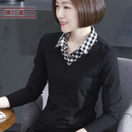 橫行道2024春裝女格子假兩件翻領(lǐng)拼接修身長(zhǎng)袖上衣打底衫體恤純色t恤 黑色 4XL