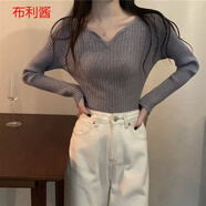 麥叢 時(shí)尚V領(lǐng)坑條長(zhǎng)袖針織衫女秋冬新款修身顯瘦毛衣內(nèi)搭打底短款上衣 灰色 L 【建議105斤-120斤】