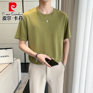 皮爾卡丹（pierre cardin）垂感銅氨絲色T夏季男裝圓領(lǐng)短袖男款潮牌感內(nèi)搭t半袖體恤 翠綠色 M