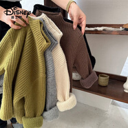 迪士尼（Disney）韓國兒童毛衣2024冬款男童半高領色加絨打底女童洋氣套頭針織衫 米杏色 【親膚一體絨】-不起球不 130