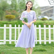 紫洛妮少女連衣裙長款過膝初中學(xué)生2025夏裝高中女生清純雪紡仙女長裙子 淺紫色 S