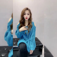GCYXX辣妹純欲風(fēng)一字肩毛衣女新款韓版色露肩長(zhǎng)袖針織衫女2024秋季新款 藍(lán)色 M