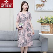 俞兆林女新款夏季大碼睡裙媽媽裝棉綢睡衣薄款連衣裙休閑寬松家居服涼爽 水墨柳粉 4XL 140-165斤