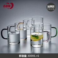 青蘋果（QINGPINGGUO） 玻璃杯帶把手耐高溫待客泡茶杯子牛奶杯家庭喝水杯家用水杯套裝 加厚簡(jiǎn)約杯6色裝 300ml