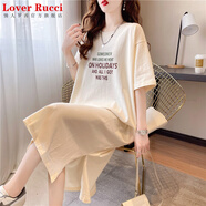 LOVER RUCCI法國純棉短袖2025年新款夏寬松懶人裙中長(cháng)款T恤裙女開(kāi)叉ins連衣裙 杏色731 M