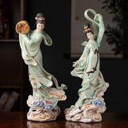 美吔景德鎮瓷新中式敦煌飛天擺件嫦娥本月人物客廳玄關(guān)古風(fēng)裝飾工藝品 飛天一套