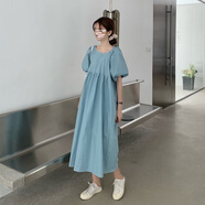 索宛亦（SUOWANYI）氣質(zhì)溫柔風(fēng)新款夏季短袖系帶連衣裙女學(xué)生寬松泡泡袖中長(zhǎng)款A(yù)字 藍(lán)色【(送)哦】 XL