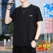 JEEP吉普短袖復古T恤男冰絲夏季圓領打底衫休閑透氣運動汗衫速干衣服 黑色【面料升級版】 7XL( 建議210-225斤)