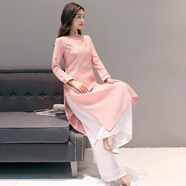 茶人服茶藝師服裝女藝師女棉麻旗袍連衣裙套裝文藝復古春夏風(fēng)茶道禪茶服禪意服裝 粉紅色 L
