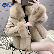NASALIKE2025冬新款麂皮絨仿狐貍毛保暖外套女冬海寧時(shí)尚羽絨服短款大衣女 駝色【加棉加厚】 L 【建議115-135斤】