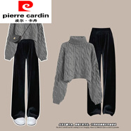 皮爾卡丹（pierre cardin）慵懶風(fēng)灰色高領(lǐng)短款毛衣女秋季2024新款休閑寬松港味復古chic上衣 深灰色毛衣+黑色金絲絨闊腿庫【 M