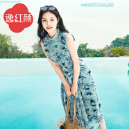 逸紅顔（E.Beauty）春辰2025夏新款松弛度假寬松系帶棉感飄逸散擺新中式連衣裙 松石綠 L