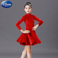 迪士尼（Disney）兒童女秋款拉丁舞兒童拉丁舞服裝長袖金絲絨大裙擺秋冬女童比賽考 紅色連衣裙  160
