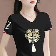 伊森尼尼v領(lǐng)短袖t恤女2025夏季女裝新款韓版寬松休閑體恤女上衣打底衫 V領(lǐng)黑色【國風(fēng)花邊】 XL 建議110-120斤