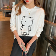 奢娣魅儷2024春秋長(cháng)袖T恤女洋氣內搭百搭圓領(lǐng)白色印花上衣新款女裝打底衫 呆呆熊 M建議95-105斤