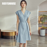 ROEYSHOUSE羅衣知性V領(lǐng)淺藍色連衣裙夏裝新款收腰優(yōu)雅大擺中長(cháng)裙子04117 淺藍色 S