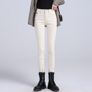 丹仔 米色牛仔褲女小腳褲2021新款秋冬高腰加絨加厚女褲彈力顯瘦緊身鉛筆褲長(cháng)褲 杏色加長(cháng)款 26碼 一尺九