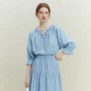 范思藍恩23FS12194法式藍色襯衫套裝女夏七分袖V領(lǐng)上衣裙子兩件套 藍色（襯衫） S