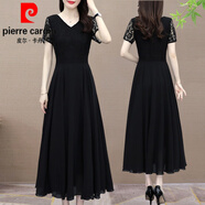 皮爾卡丹（pierre cardin）黑色蕾絲雪紡連衣裙女夏季新款中年媽l媽氣質(zhì)洋氣長裙針 7872黑色 5XL(156-166斤)