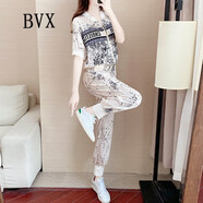 BVX運動(dòng)套裝女夏季新款網(wǎng)紅個(gè)性洋氣T恤夏裝薄款時(shí)尚休閑短袖套裝潮 杏色 S