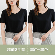 【2件裝】莫代爾短袖女t恤夏薄款v領(lǐng)寬松內(nèi)搭打底衫外穿半袖白色上衣體恤女 2件黑色 XL-適合120-140斤