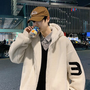 UYUK冬季仿羊羔毛棉衣外套男韓版潮潮流帥氣加絨加厚寬松bf學(xué)生休閑棉襖男裝上衣 米白色 XL