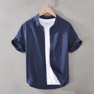 構致（GLOY&ZENITH）夏季亞麻襯衫男士短袖薄款襯衣商務(wù)休閑簡(jiǎn)約純色棉麻半袖男上衣潮 翻領(lǐng)藏藍 XL 130-145斤