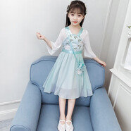 童嘜屋童裝女童連衣裙子漢服夏季超仙中國風(fēng)兒童古裝襦裙小女孩復(fù)古風(fēng)唐裝紗裙薄款刺繡寶寶夏裝中長款雪紡裙 藍(lán)色 110碼（建議身高100cm左右）