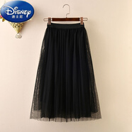 迪士尼（Disney）女童半身裙中長(zhǎng)款春秋冬款中大童兒童韓版純色親子裝長(zhǎng)裙網(wǎng)紗裙子 黑色網(wǎng)紗折折裙 150碼裙長(zhǎng)54左右