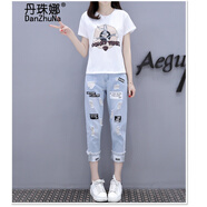 丹珠娜 牛仔套裝女歐洲站夏季港風(fēng)T恤破洞牛仔褲休閑時(shí)尚氣質(zhì)套裝女裝潮 T+牛仔褲套裝 S
