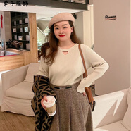 胖妹妹打底衫遮肉打底衫女秋冬內(nèi)搭秋冬上衣大碼款大碼女裝胖mm純色百搭鏤空領(lǐng)口針織衫大彈力打底衫毛衣女 杏色 2XL (建議125-140斤)