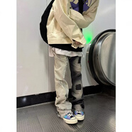 贏鎮(zhèn)黑白拼接微喇牛仔褲男街美式設(shè)計(jì)感鴛鴦褲子痞帥炸街窄版闊腿褲 拼接色10001 XL