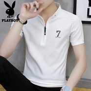 花花公子（PLAYBOY）短袖t恤男夏季2025韓版潮牌修身立領(lǐng)T恤男士上衣純色打底衫短袖男 1814ABC白色 2XL 180