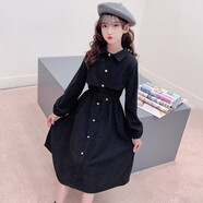 浣莎童裝女童連衣裙2021新品春秋季韓版中大兒童洋氣公主裙女孩長(cháng)袖裙子小學(xué)生修身淑女裙3-16歲衣服 黑色(純色連衣裙) 160碼建議身高145-155cm