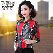 啄木鳥(niǎo)襯衫女襯衣女2026 印花長(cháng)袖秋裝新款中年雪紡洋氣百搭上衣時(shí) TY20613紅色-40# 4XL _（建議145-155斤）