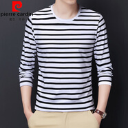 皮爾卡丹（pierre cardin）?；晟滥惺块L(cháng)袖t恤秋裝棉質(zhì)寬松薄款條紋 白色 175/52/XL