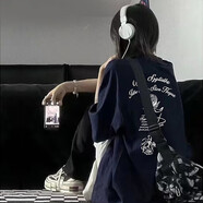 7家優(yōu)品短袖t恤男夏季新款歐美街頭寬松潮牌款潮流美式復古星星五分半袖 JXFS-461藏青色 2XL