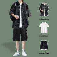主意范（ZHUYIFAN）胖子超大碼休閑襯衫男士短袖夏季寬松大碼冰絲學生外套襯衣套裝 C351黑色+T恤+短褲 2XL (180) 145-165斤
