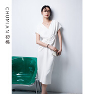 初棉博主同款|初棉小眾設(shè)計法式收腰連衣裙女 夏季垂墜感連衣裙 奶昔白 M