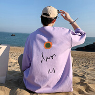 主意范短袖T恤男純棉夏季大碼潮牌青少年寬松印花五分袖T恤半袖體恤衫 WT150紫色 M 95-110斤