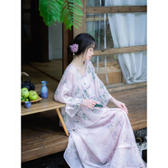 南風(fēng)谷【桃枝落】古典圓領(lǐng)對襟苧麻印花溫柔套裝中國風(fēng)上衣半身裙 薄粉色(半身裙) S